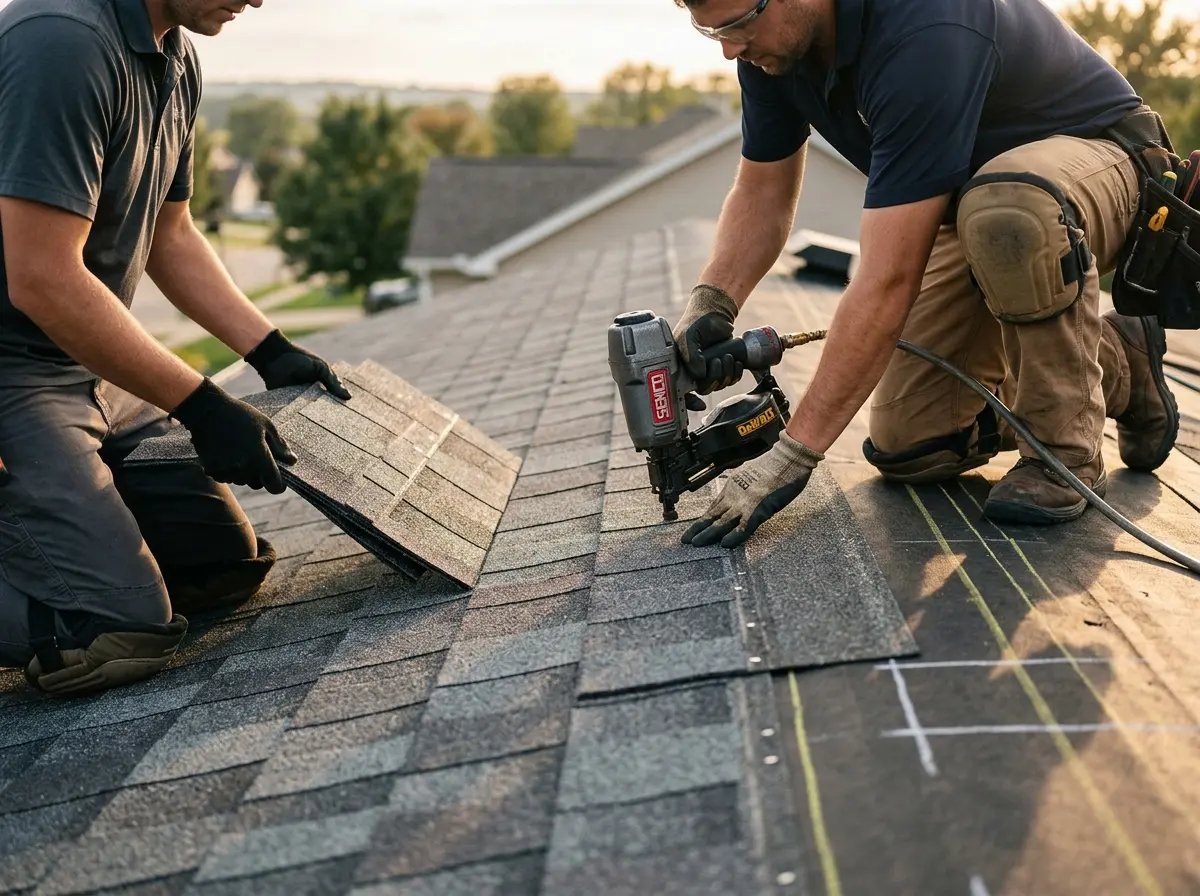 Professional roofer working on a residential roof in Victorville